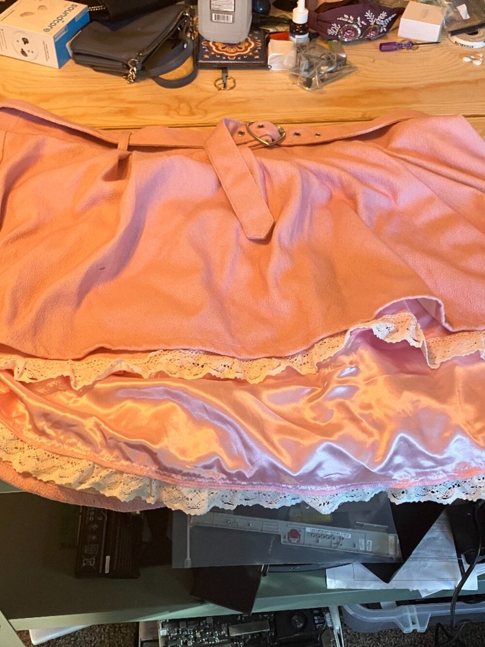 My Violet Charlotte Pleated Skirt 5XL; Pastel Pink Skirt with Belt, Lacy Lining